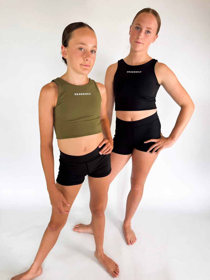 Reversible Crop Top Black & Khaki - Dragonfly Leotards - Girls leotard