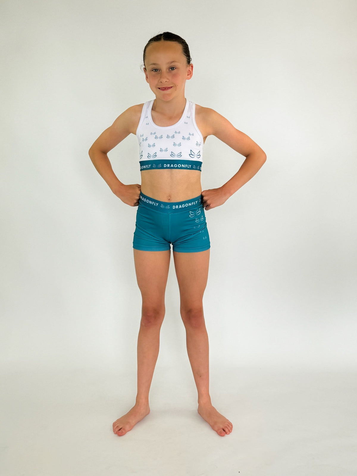 White & Teal Fly High Shorts - Dragonfly Leotards - 