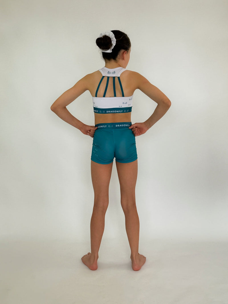 White & Teal Fly High Shorts - Dragonfly Leotards - 