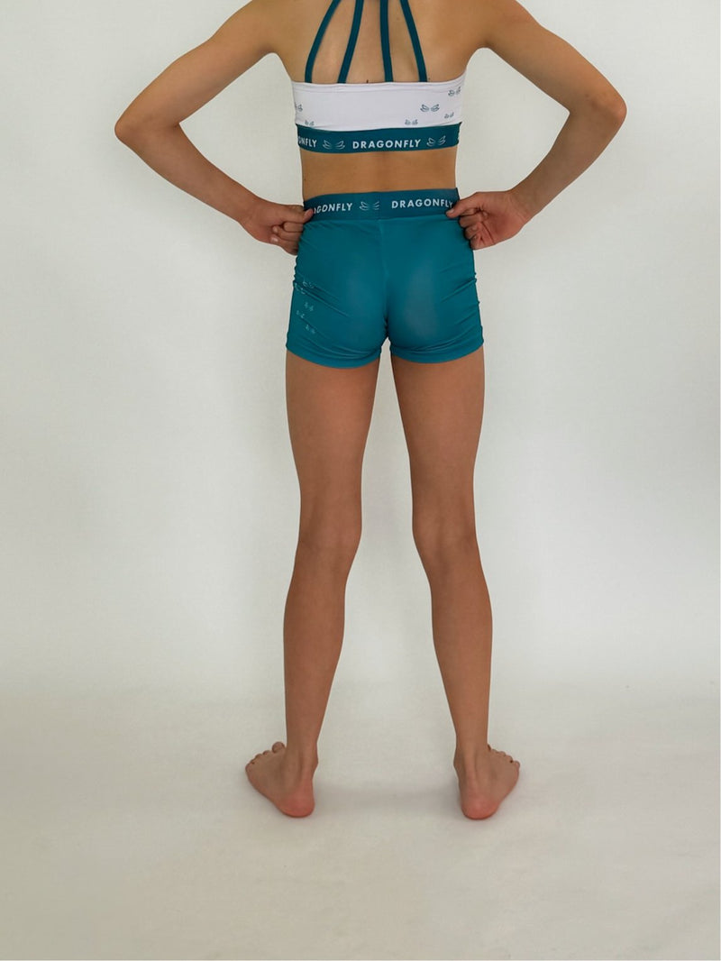 White & Teal Fly High Shorts - Dragonfly Leotards - 