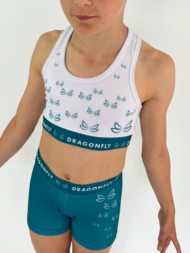 White & Teal Fly High Shorts - Dragonfly Leotards - 