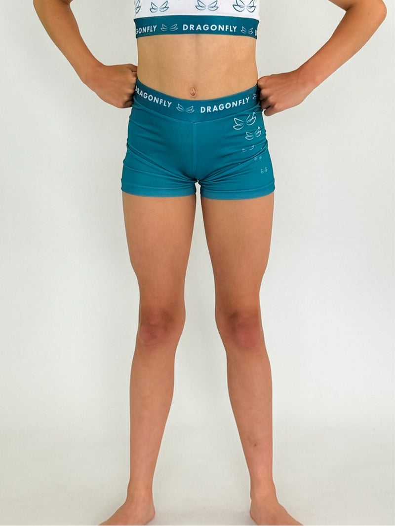 White & Teal Fly High Shorts - Dragonfly Leotards - 