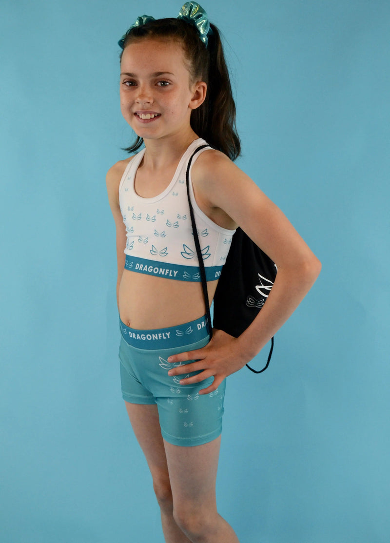White & Teal Fly High Crop Top - Dragonfly Leotards - Children's Sportswear