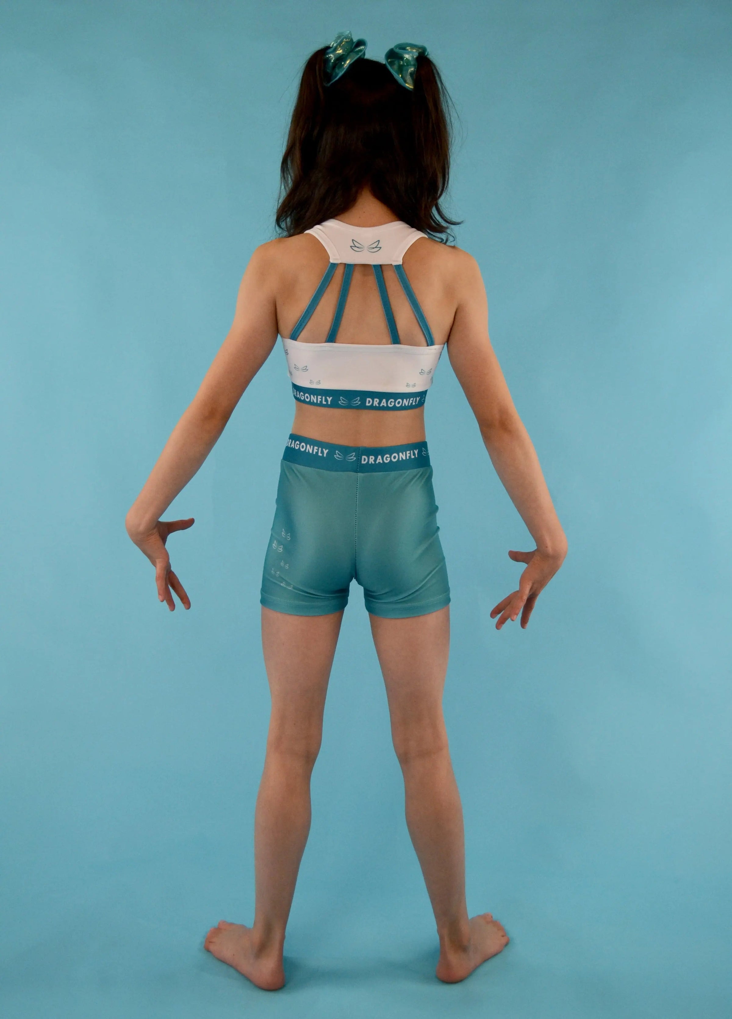 Dragonfly Leotards, White & Teal Fly High Crop Top